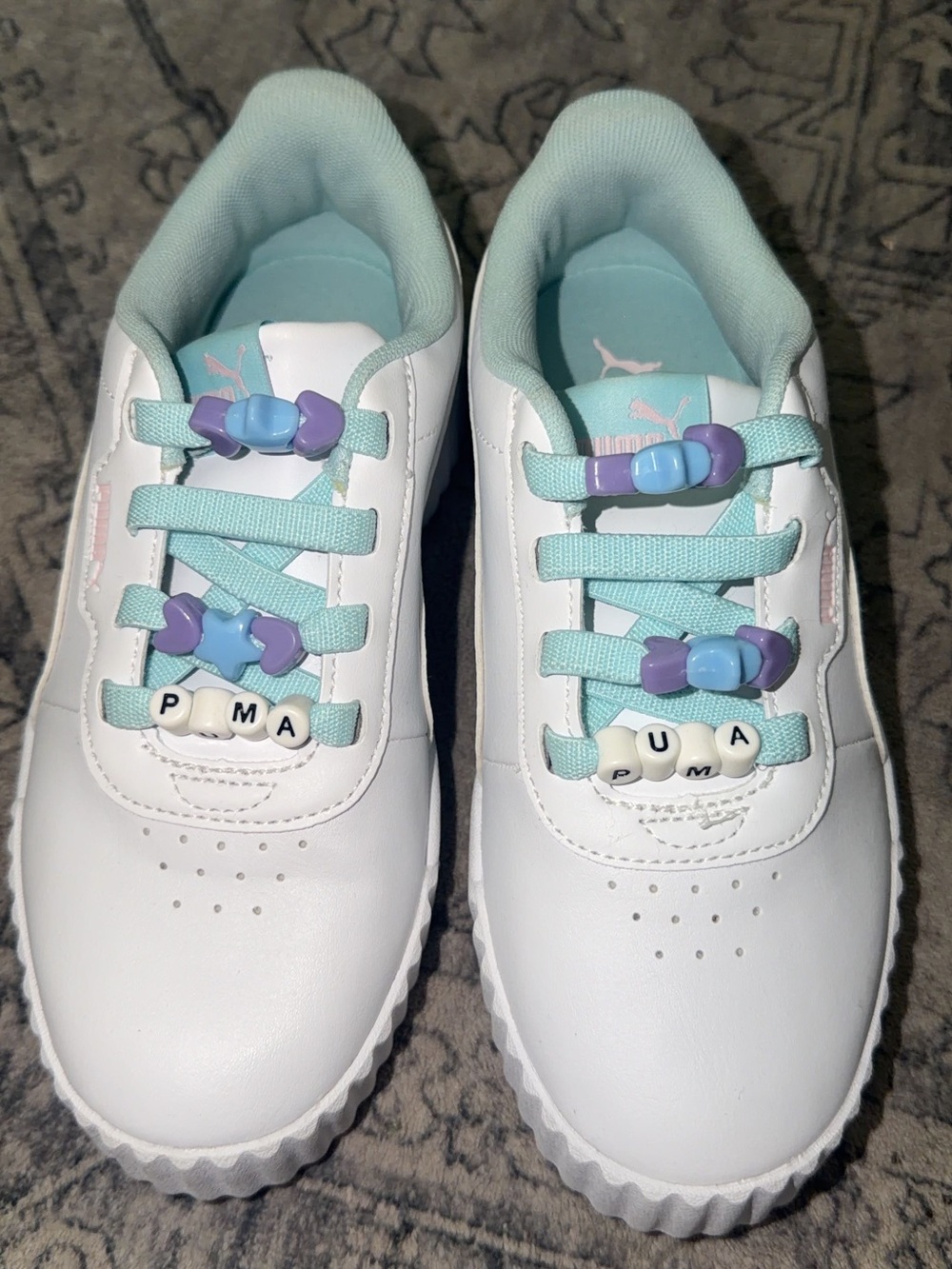 Puma Kids White Sneakers with Mint and Purple Bead Accents